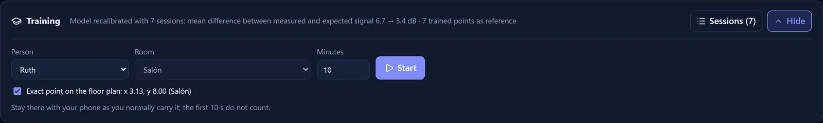 Training form: person, room, minutes and an exact point picked on the floor plan