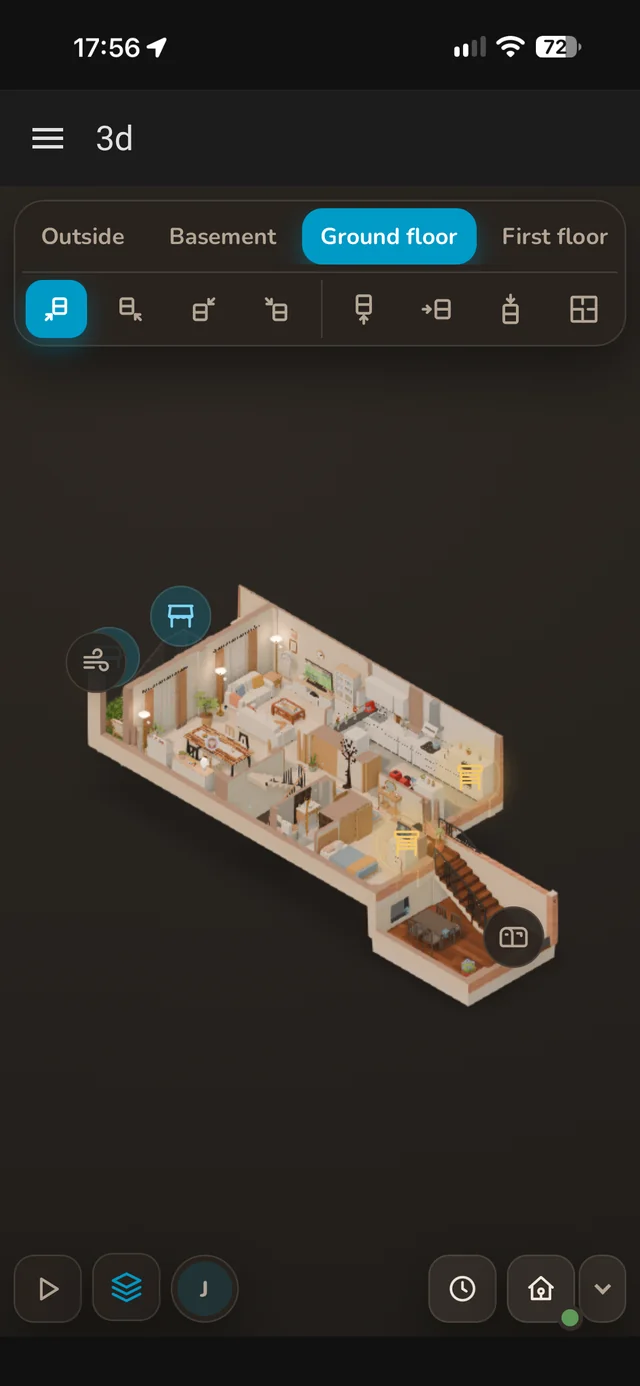 The 3D house inside the Home Assistant iPhone app, in dark mode