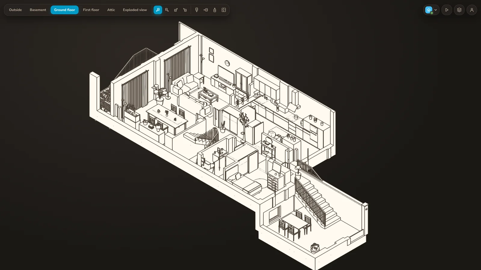 Ground floor with the drawing look: ink outlines on paper