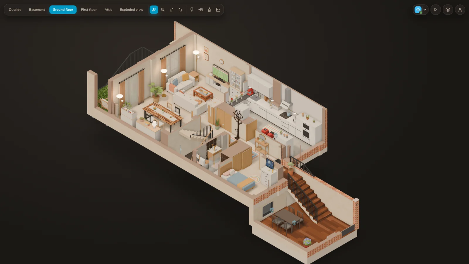 Ground floor of the 3D house with its normal look: real materials and colors