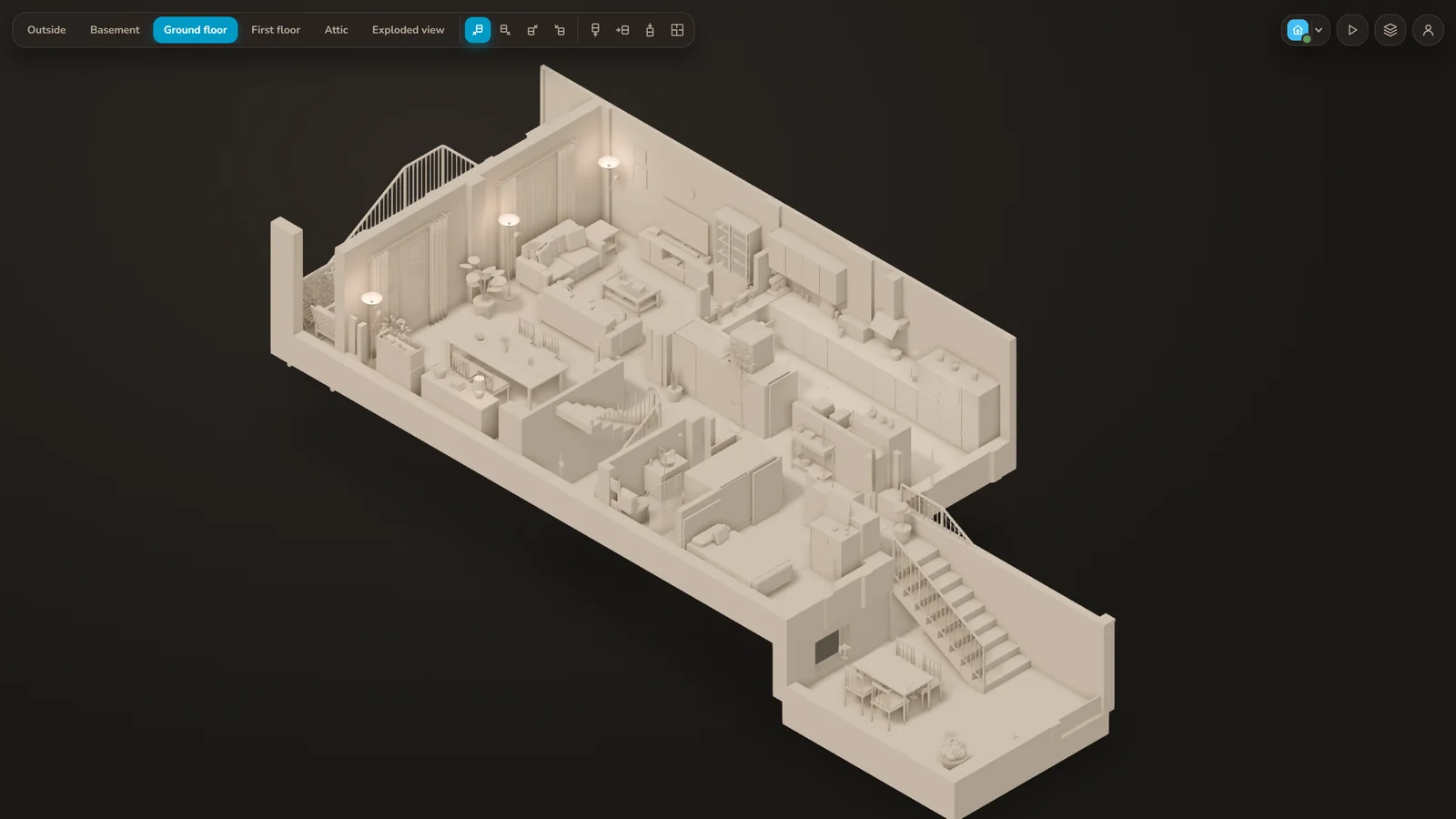 Ground floor with the paper and cardboard look: everything in one cardboard tone