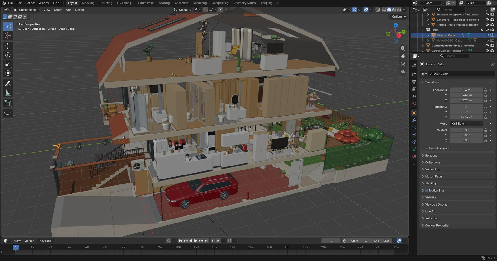 The house open in Blender: three floors cut away, with every object listed by name on the right