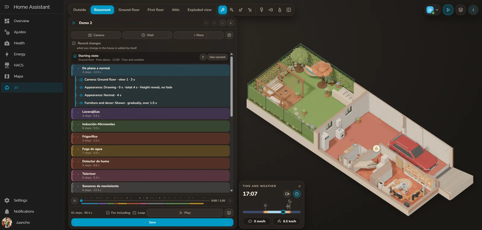The demo editor with its steps grouped by color and the timeline at the bottom