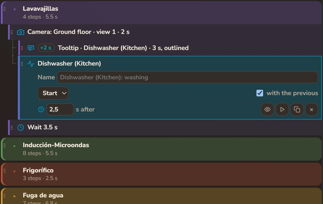 Editing a demo step: the dishwasher starts together with the previous step, 2.5 seconds later