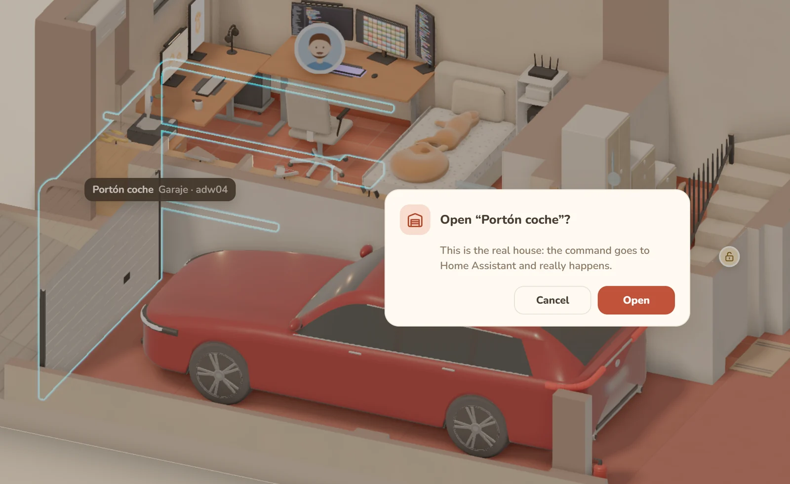 Confirmation dialog before opening the real garage door from the 3D house