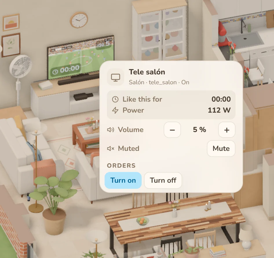 Living room TV menu with time on, power use, volume and mute controls