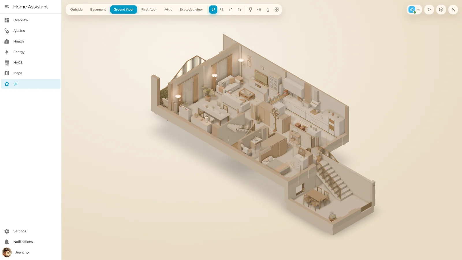 The 3D house as a panel inside Home Assistant on Windows, in light mode