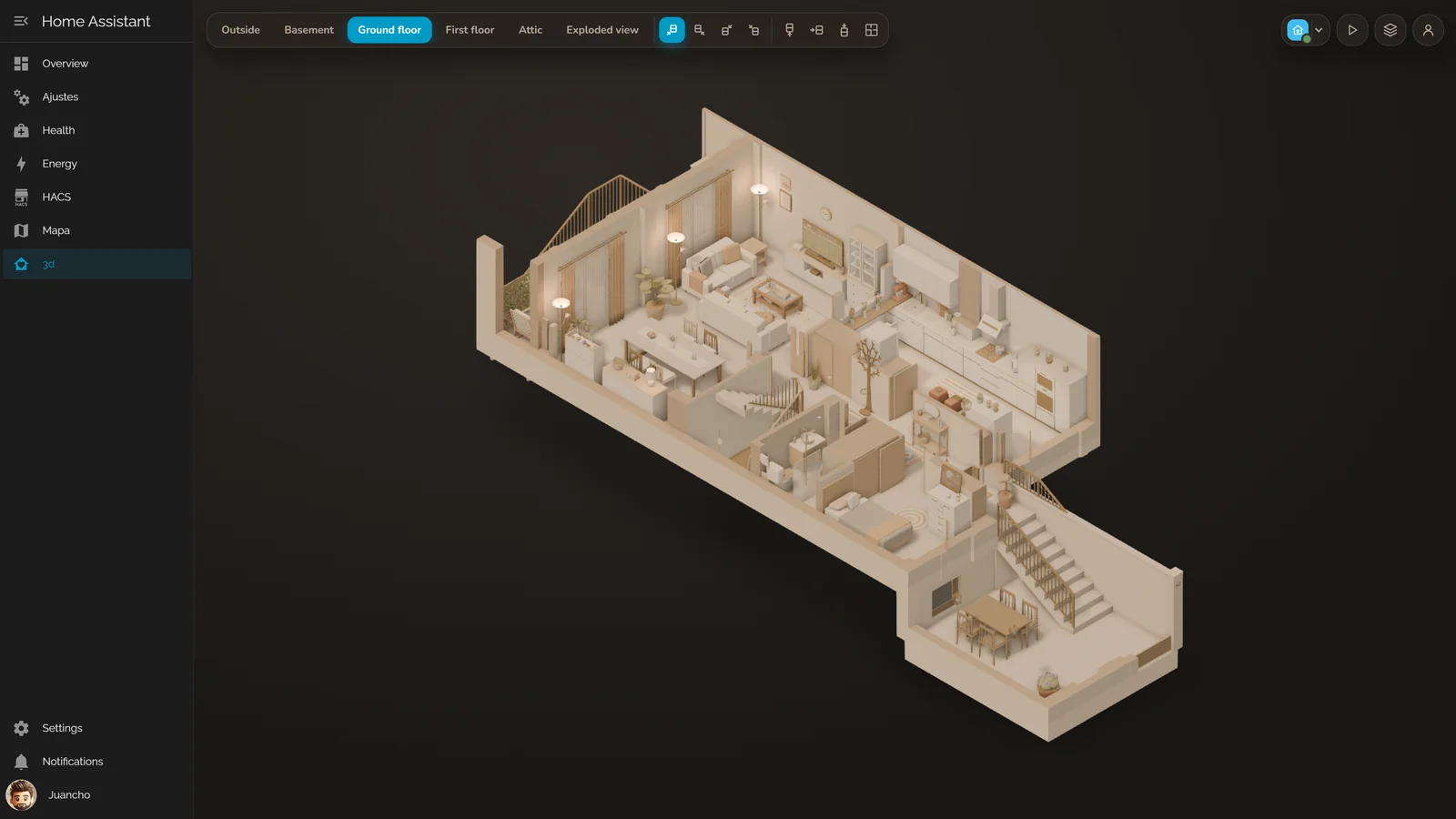 The 3D house as a panel inside Home Assistant on Windows, in dark mode
