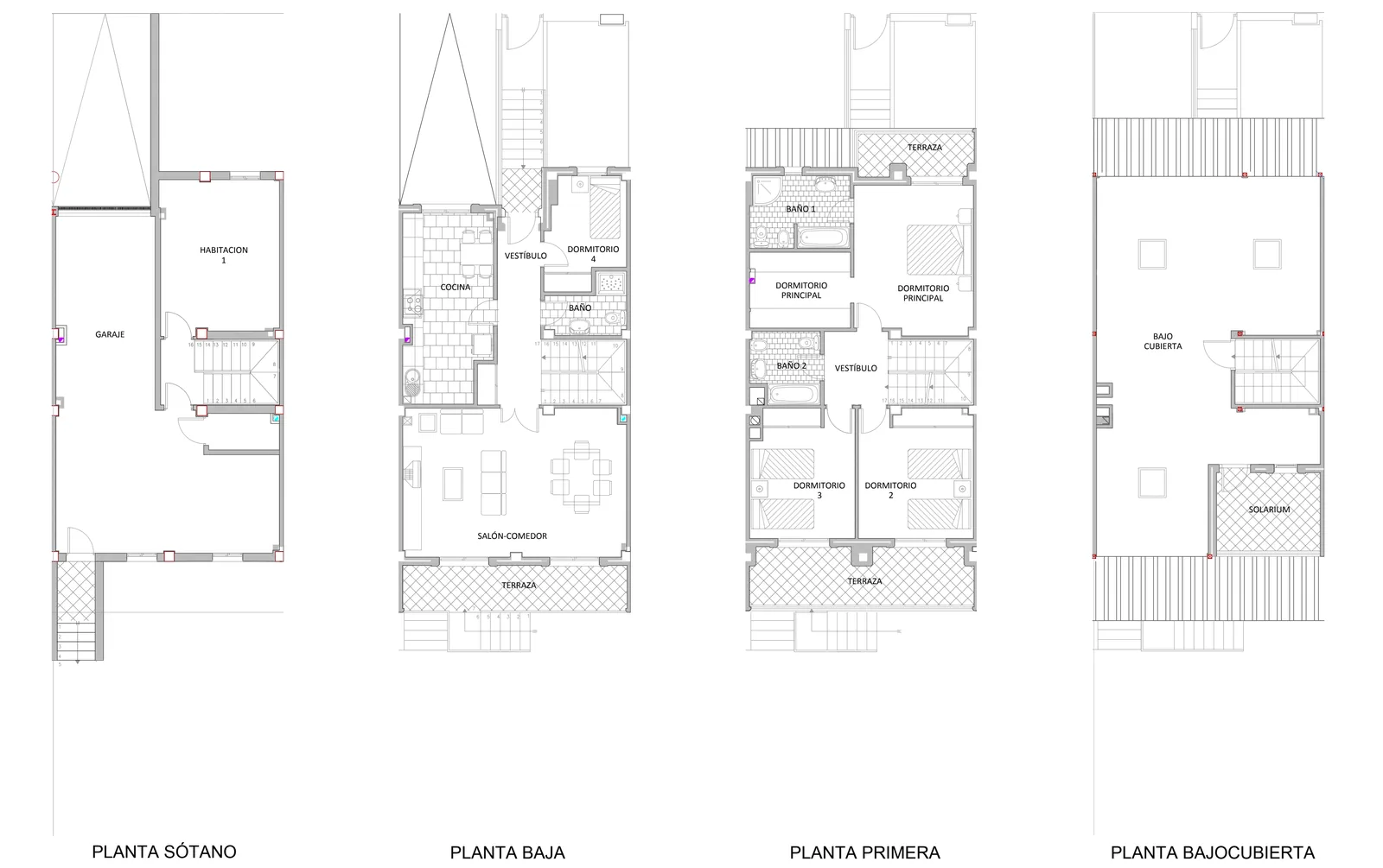 The original floor plans of the house: basement with garage, ground floor, first floor and attic