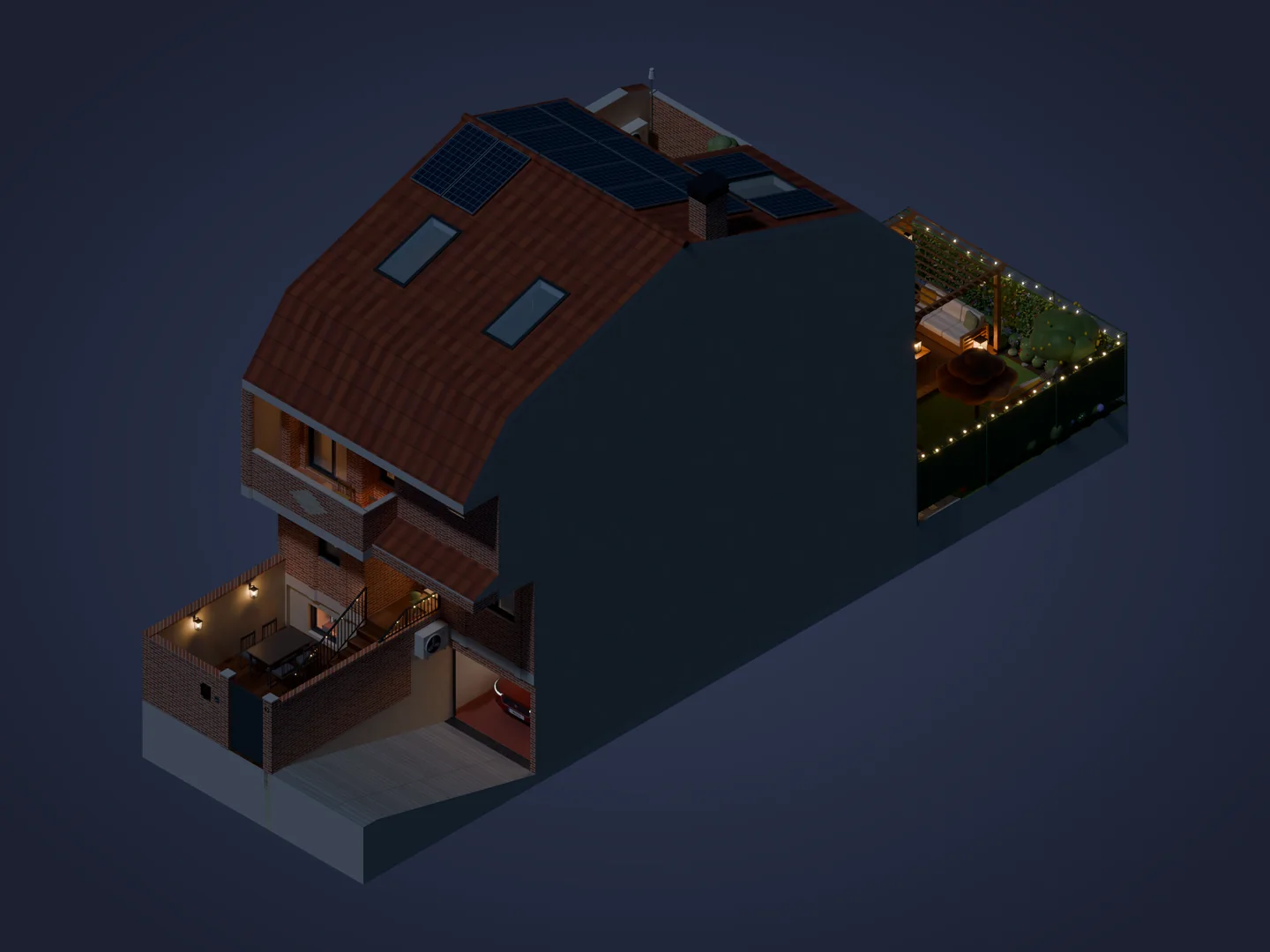 The outside of the house at night, with the garden lights on