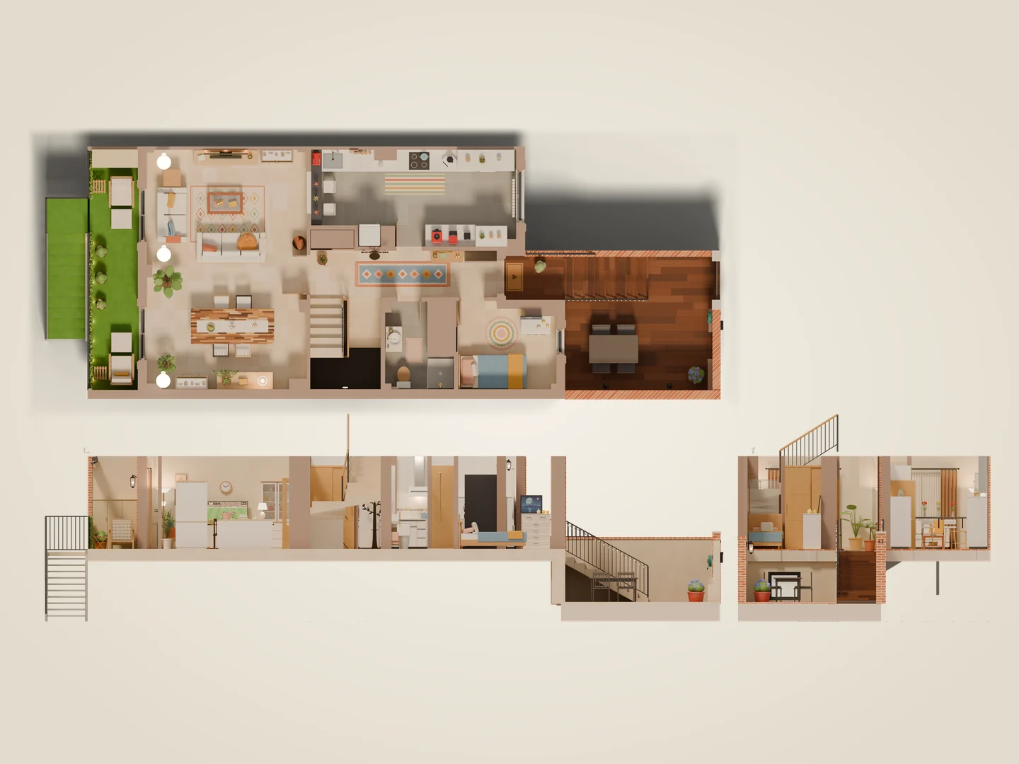 Ground floor seen from above and in two cross-sections