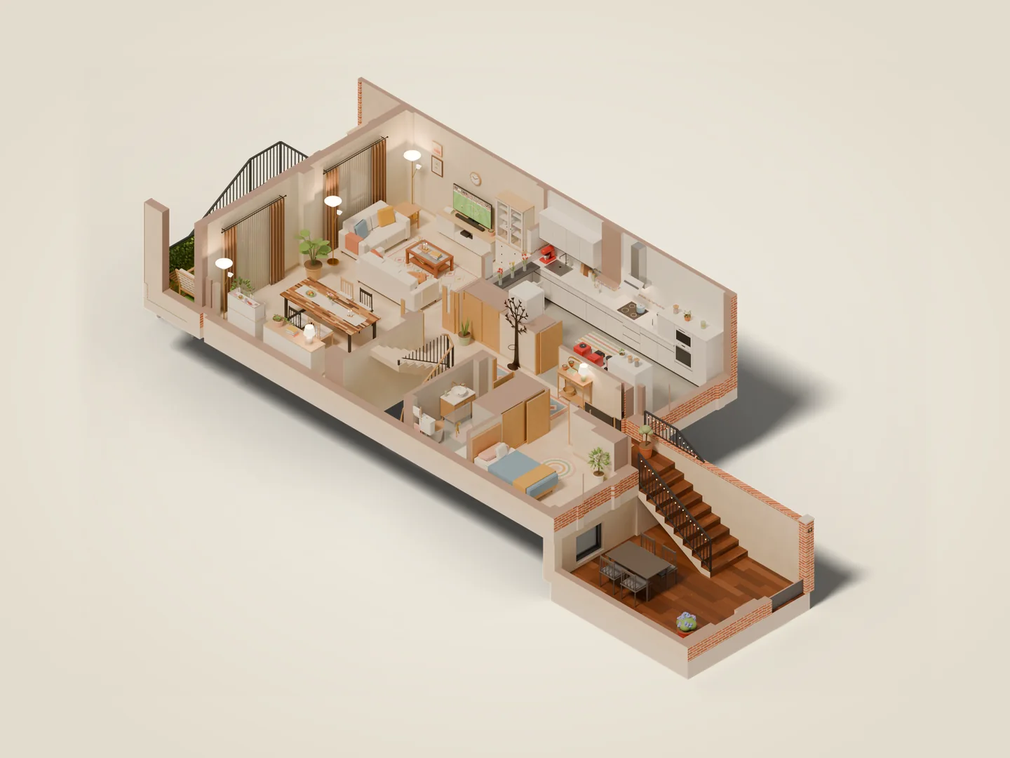 Cutaway render of the ground floor with the living room and kitchen