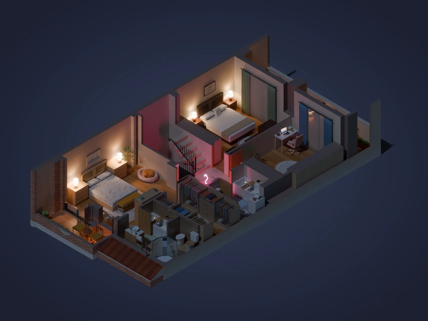 Cutaway render of the first floor at night with the bedside lamps on