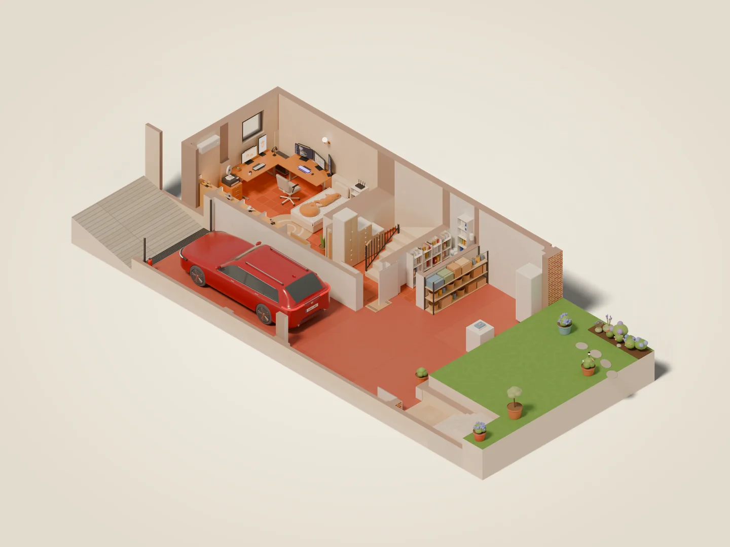 Cutaway render of the basement with the garage and the car