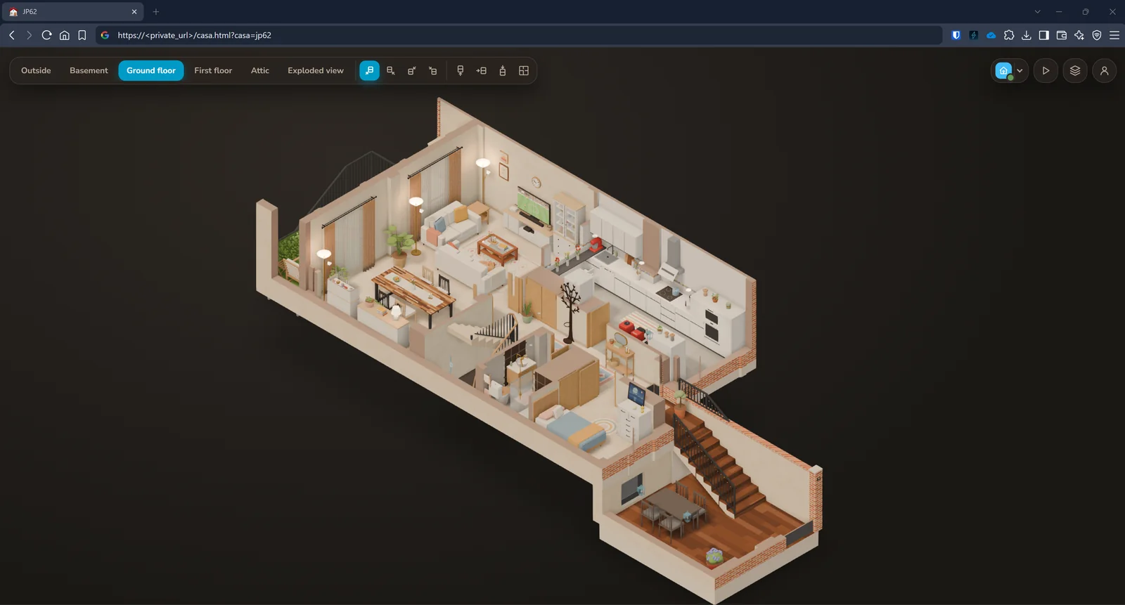 The standalone 3D house website in a desktop browser, outside Home Assistant